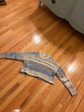 ALTAR’D STATE Cozy Striped Cropped Knit Sweater - Blue & Cream